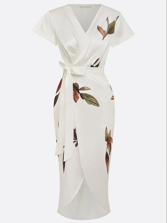 White leaf pattern satin midi sheath dress with short sleeves