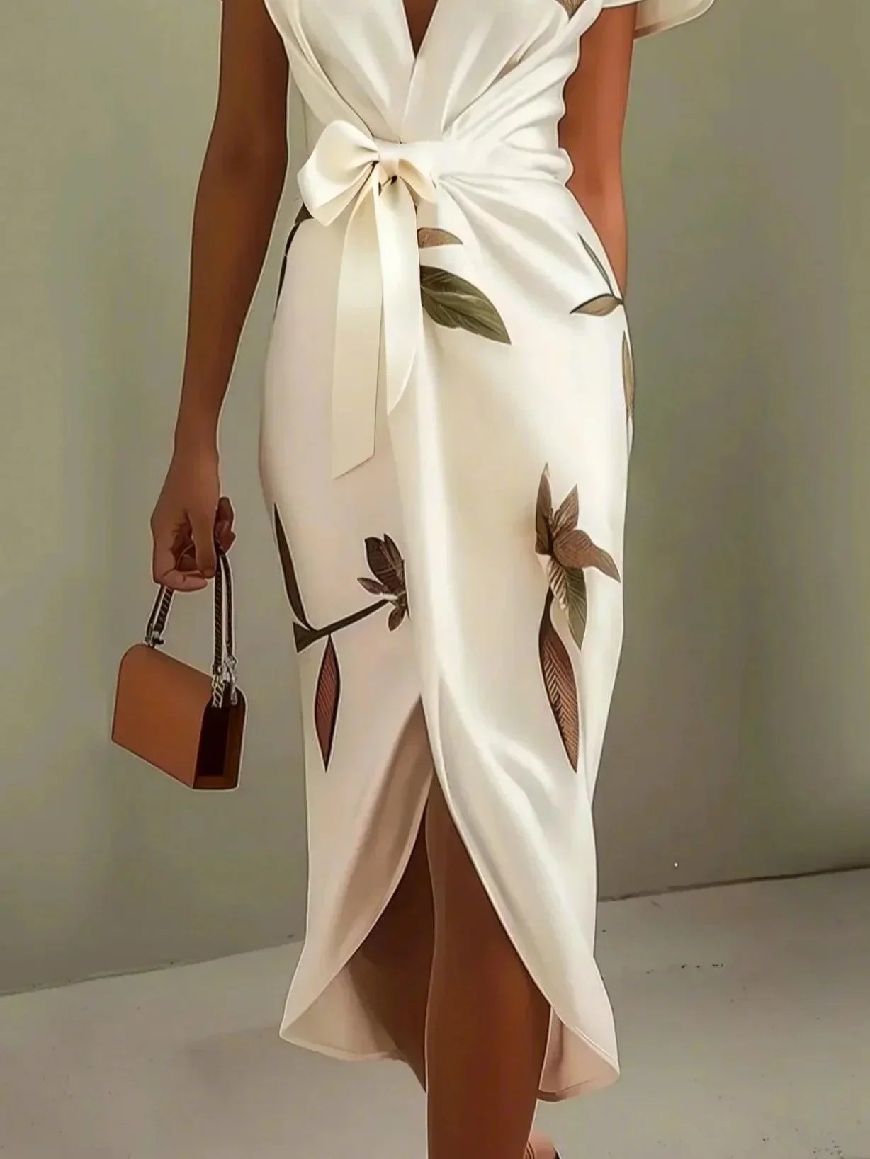 White leaf pattern satin midi sheath dress with short sleeves
