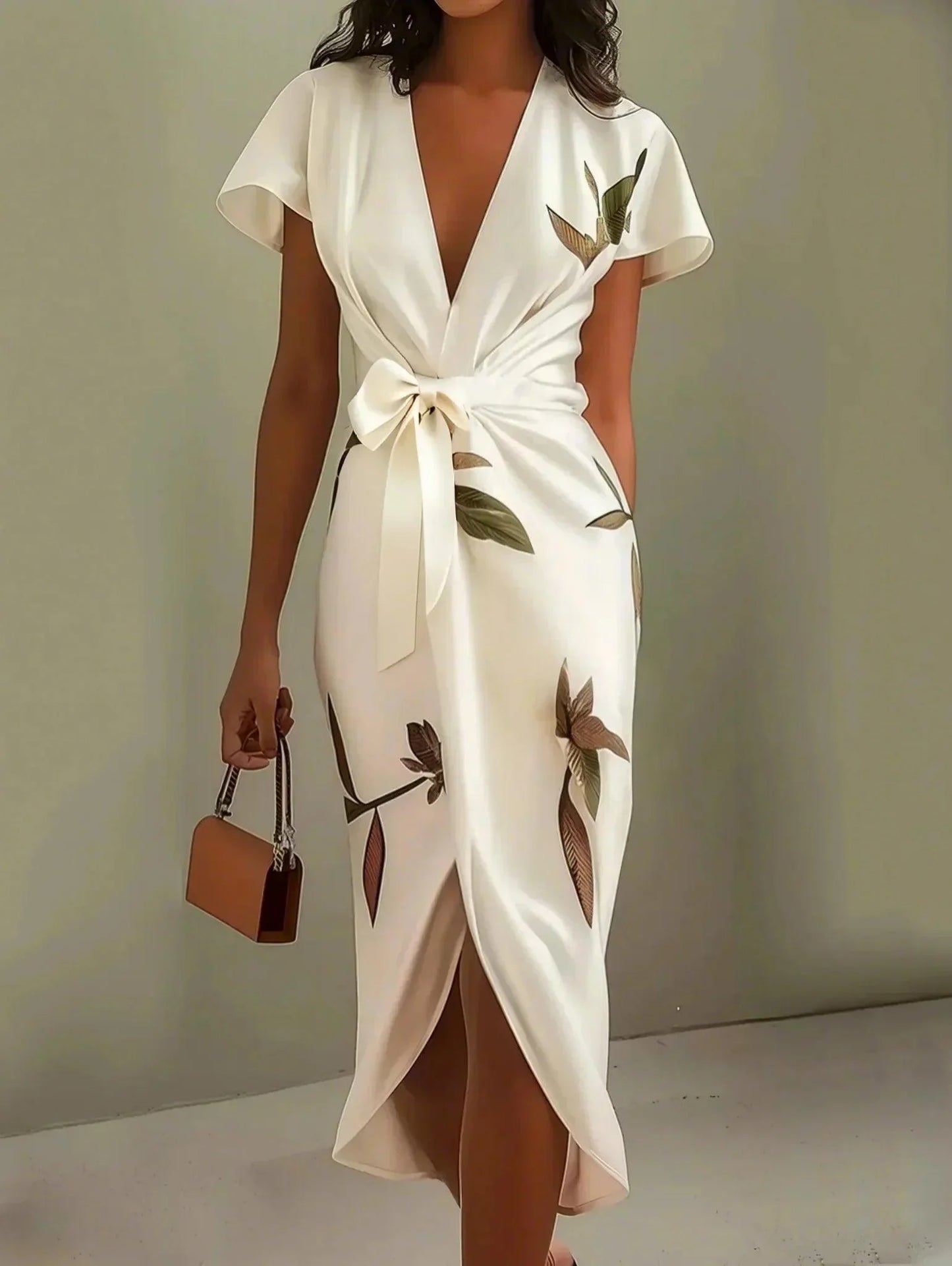 White leaf pattern satin midi sheath dress with short sleeves