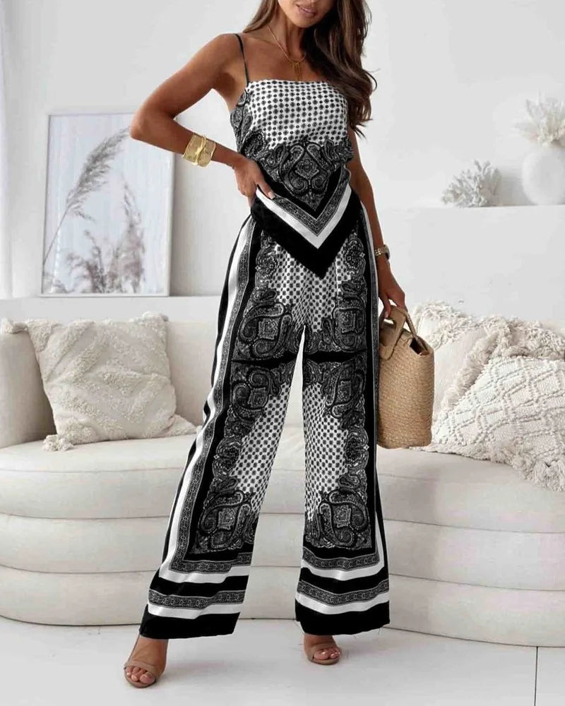 Alya | Elegant two-piece suit with printed vest and trousers with laces