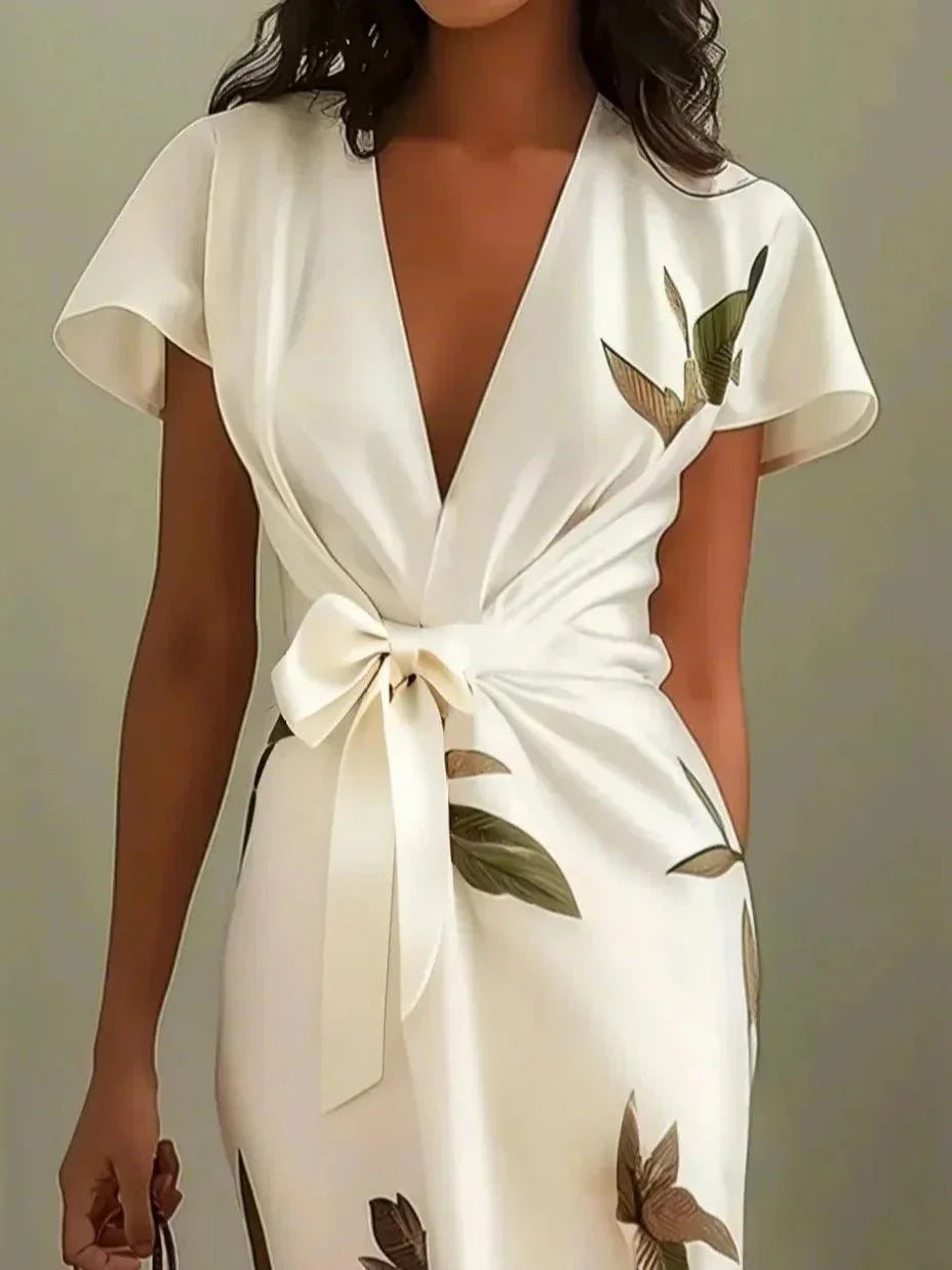 White leaf pattern satin midi sheath dress with short sleeves