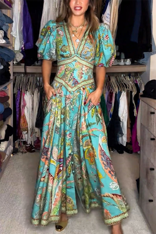 Amelia Quinn | Flowing Maxi Dress with Puff Sleeves and V-Neck
