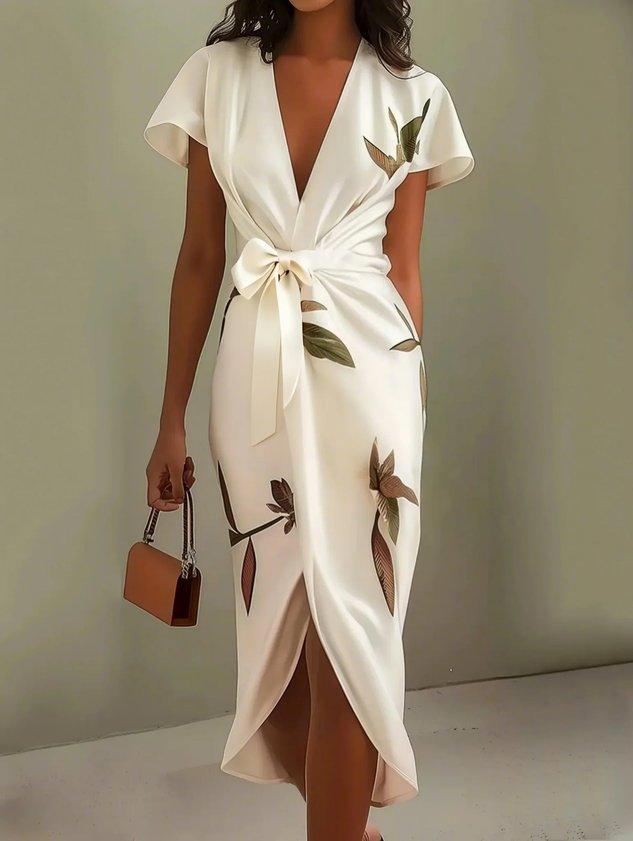 White leaf pattern satin midi sheath dress with short sleeves