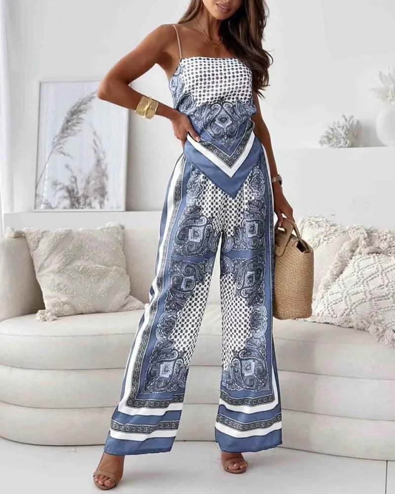 Alya | Elegant two-piece suit with printed vest and trousers with laces