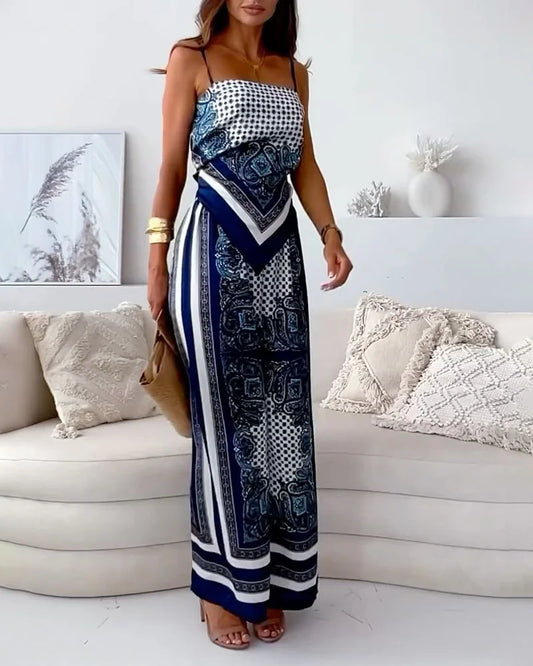 Alya | Elegant two-piece suit with printed vest and trousers with laces