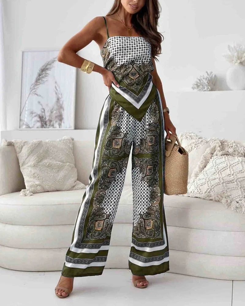Alya | Elegant two-piece suit with printed vest and trousers with laces