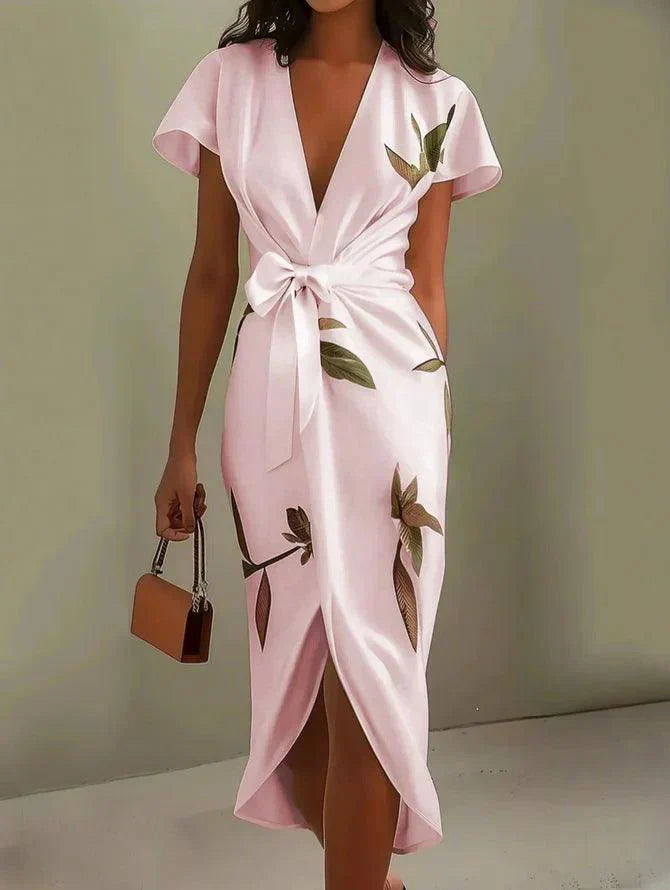 White leaf pattern satin midi sheath dress with short sleeves