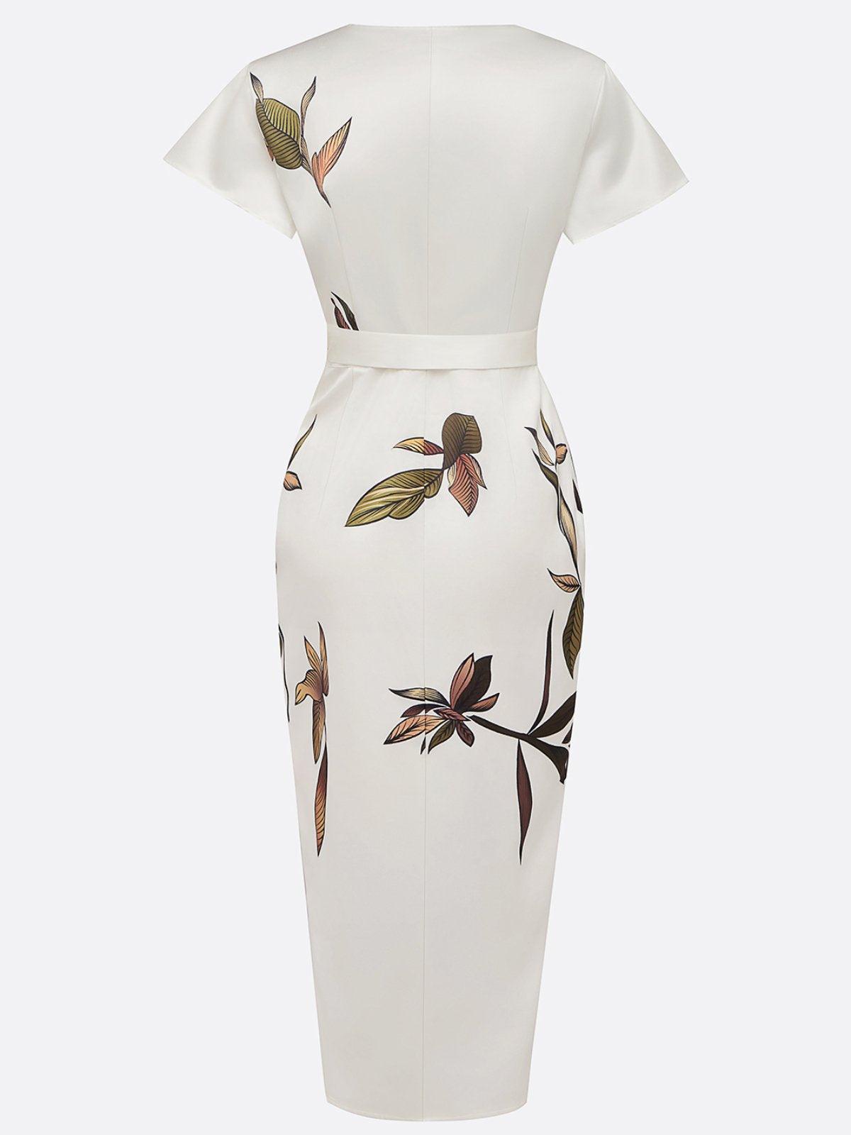 White leaf pattern satin midi sheath dress with short sleeves