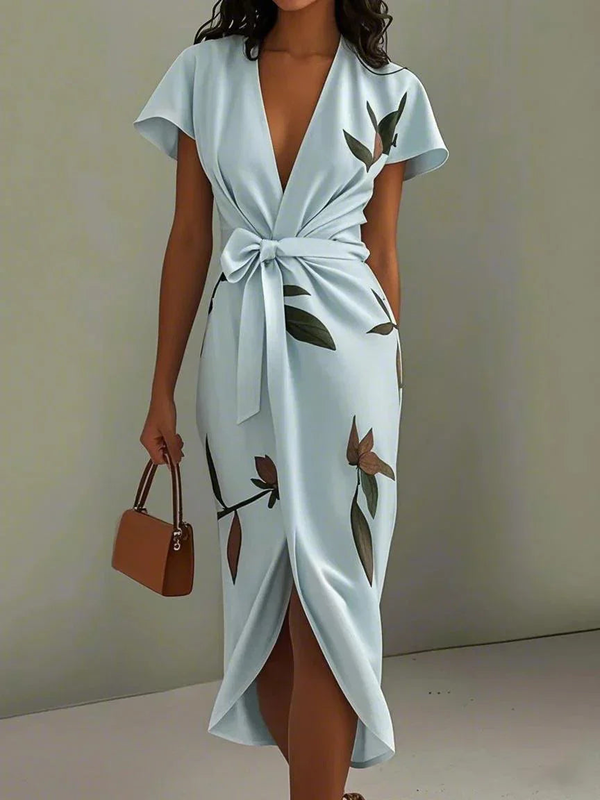 White leaf pattern satin midi sheath dress with short sleeves